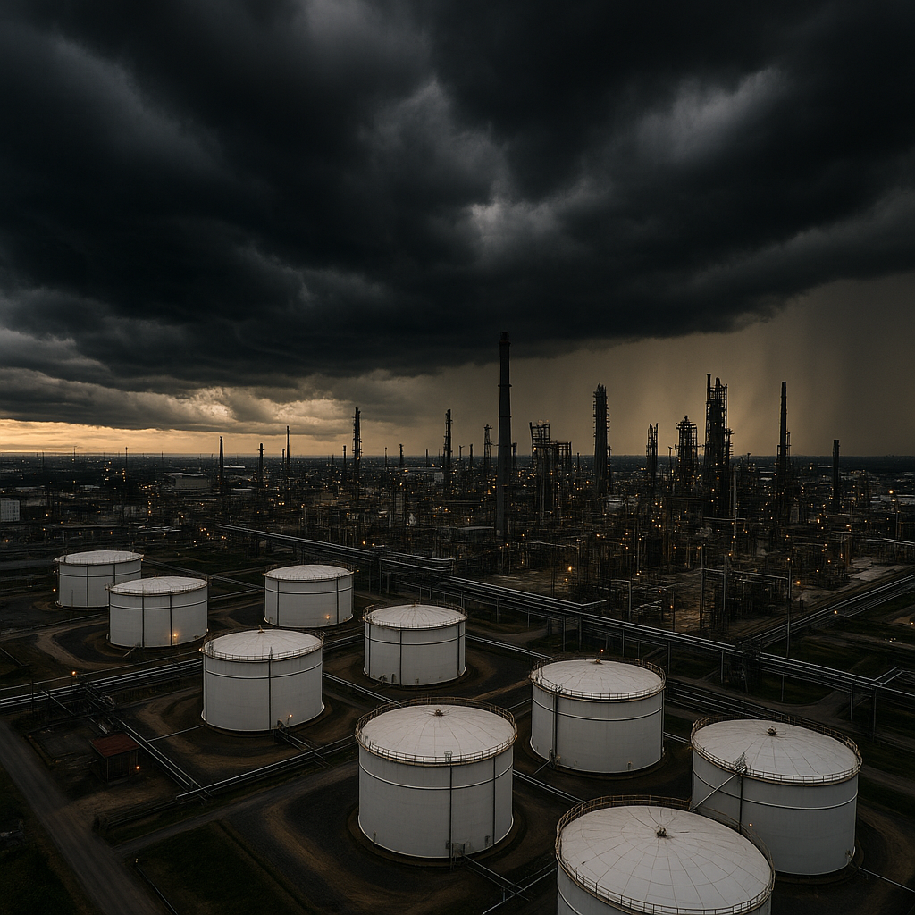 An aerial view of oil tanks and refinery complexes with dramatic storm clouds overhead