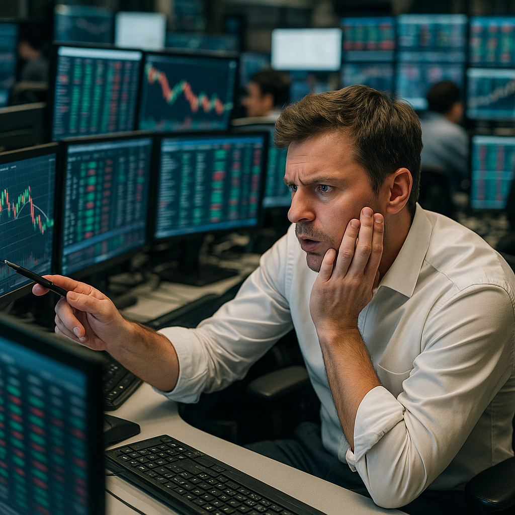 A trader analyzing stock charts on multiple monitors, surrounded by smartphones showing market news alerts