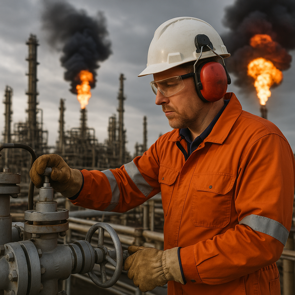 An oil worker inspecting refinery equipment amidst explosions in the distance