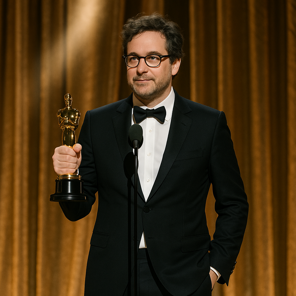 Paul Thomas Anderson holding an Oscar on stage