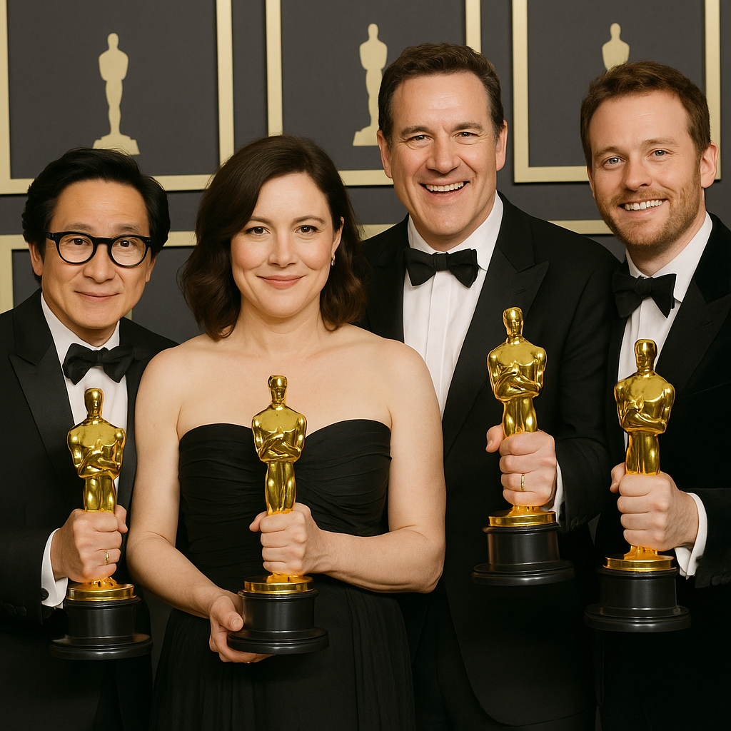 Award winners lining up together in the Oscars press room