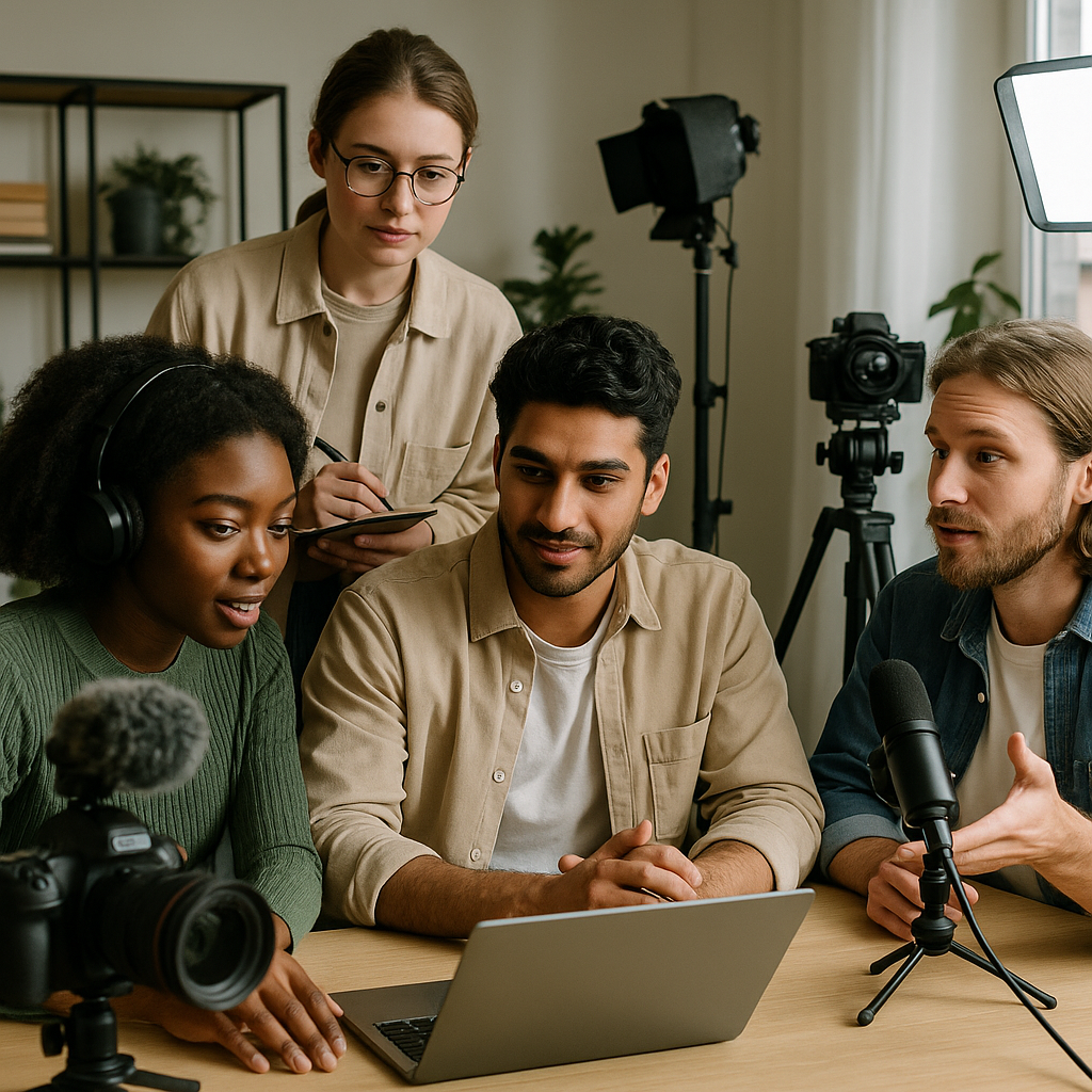 A diverse group of digital creators filming content in a home studio setup