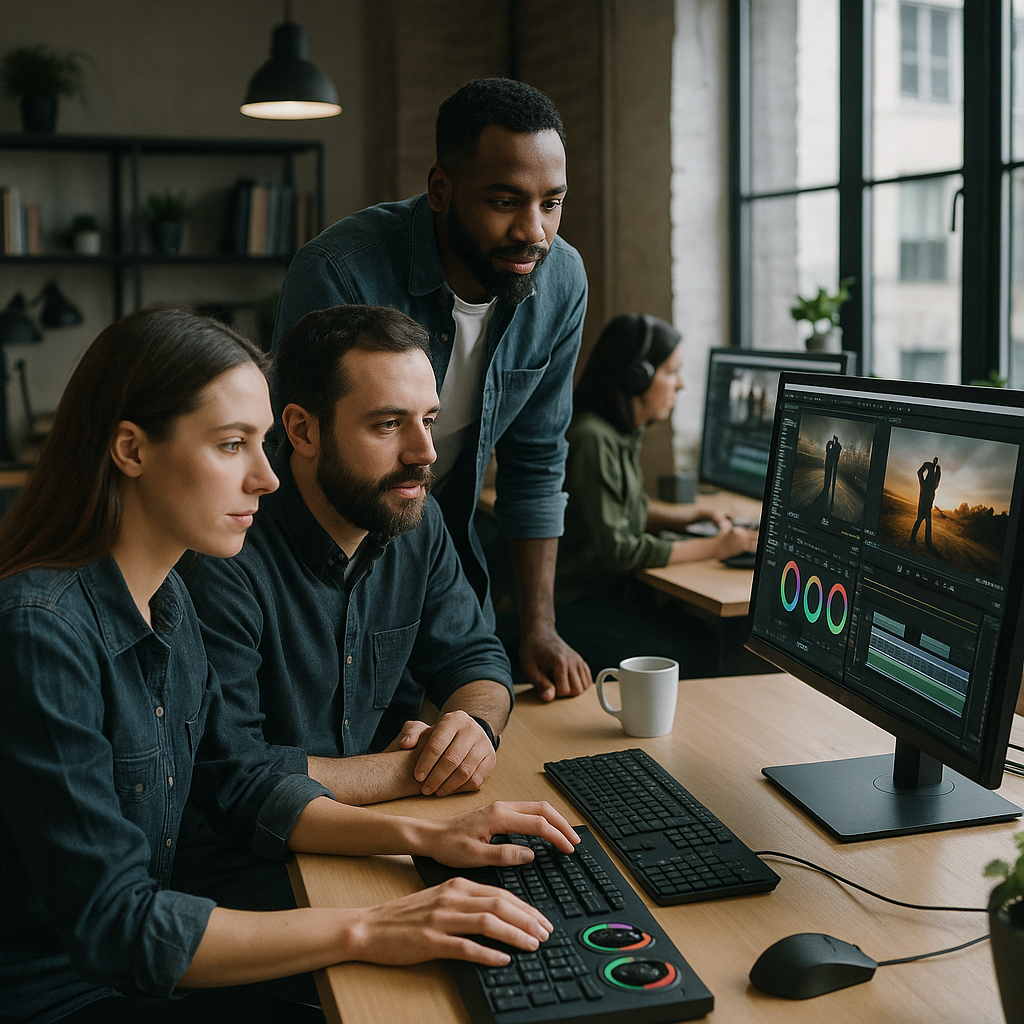 People in a tech startup workspace with monitors displaying video editing software