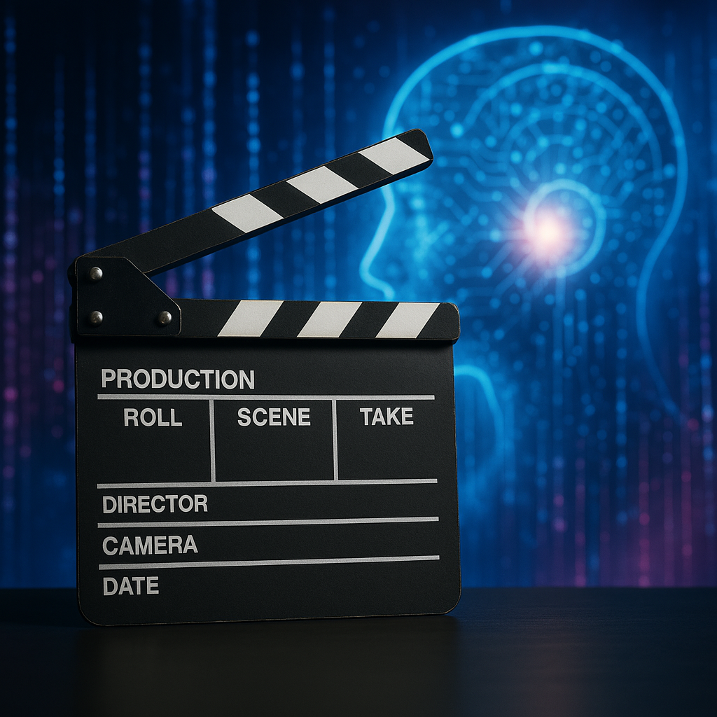 A cinematic clapperboard against a futuristic AI-generated backdrop