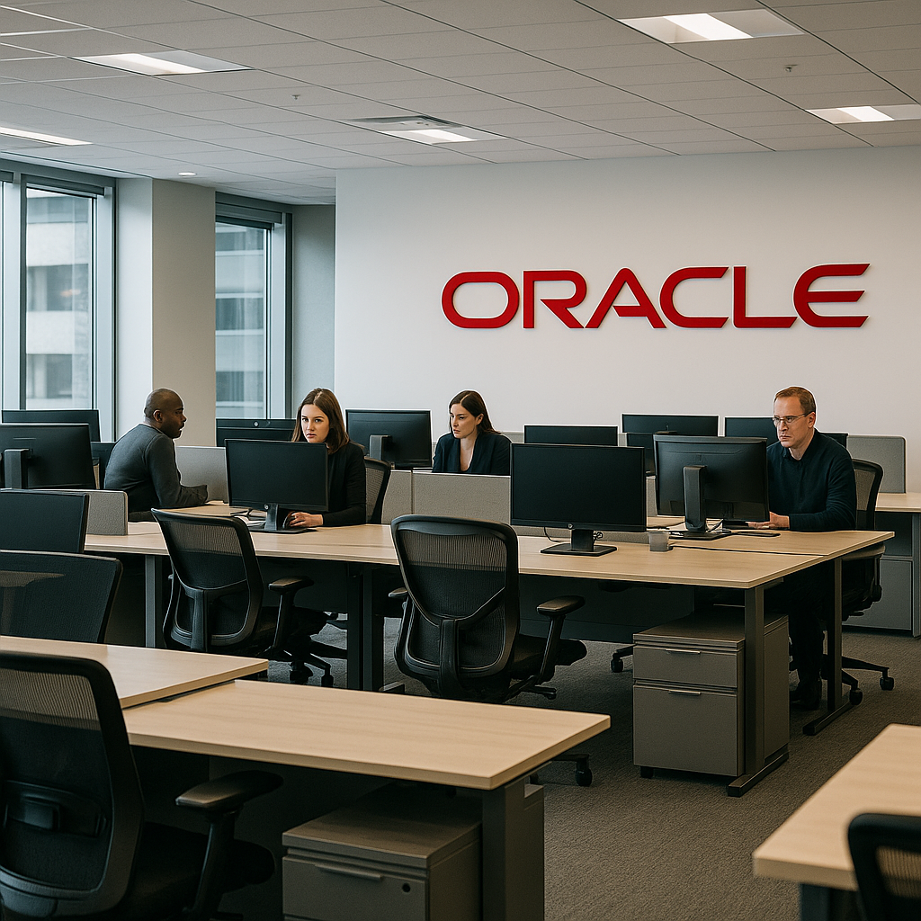 A team of workers in an office with Oracle branding, some desks empty to signify layoffs