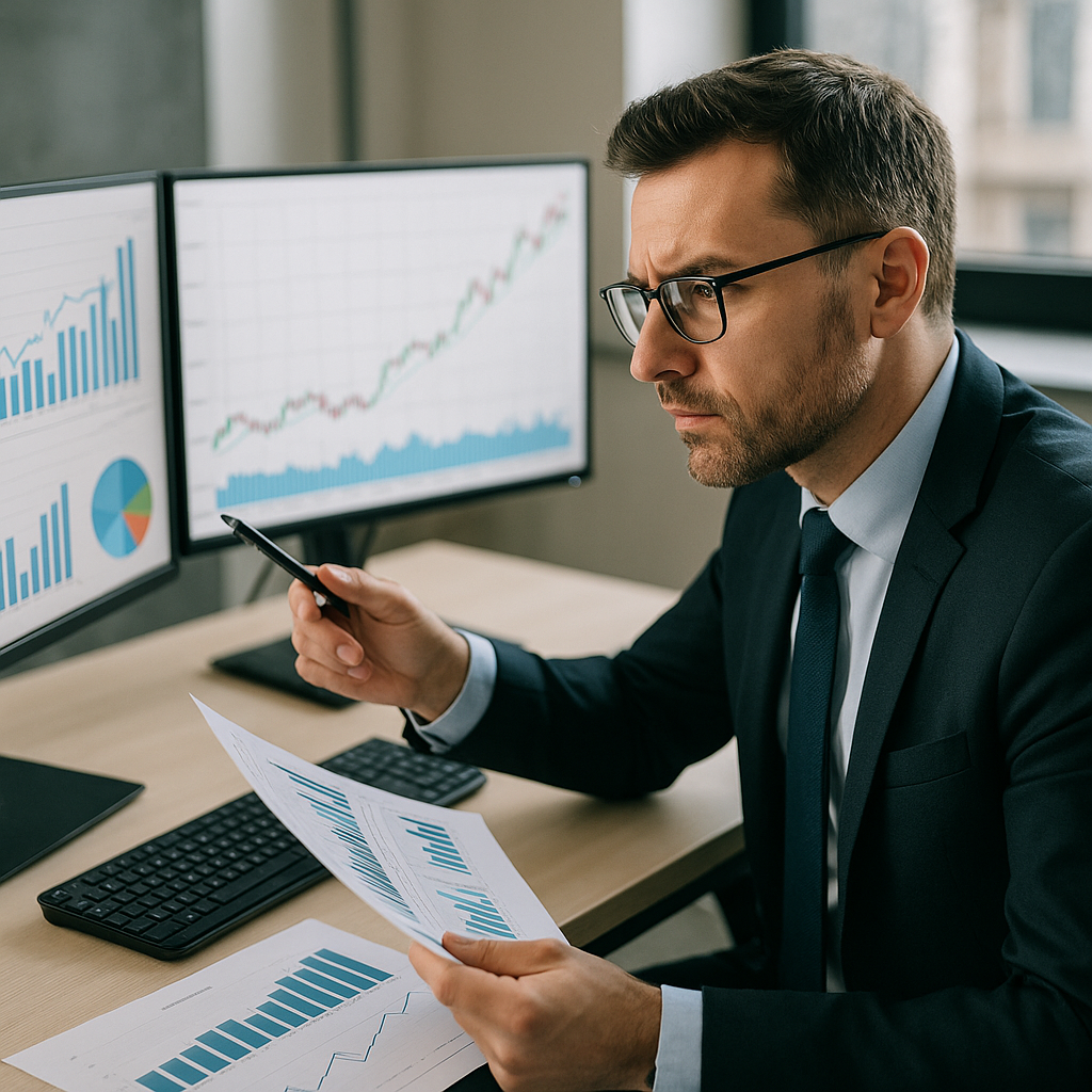A financial advisor discussing stock movements with data charts in the background