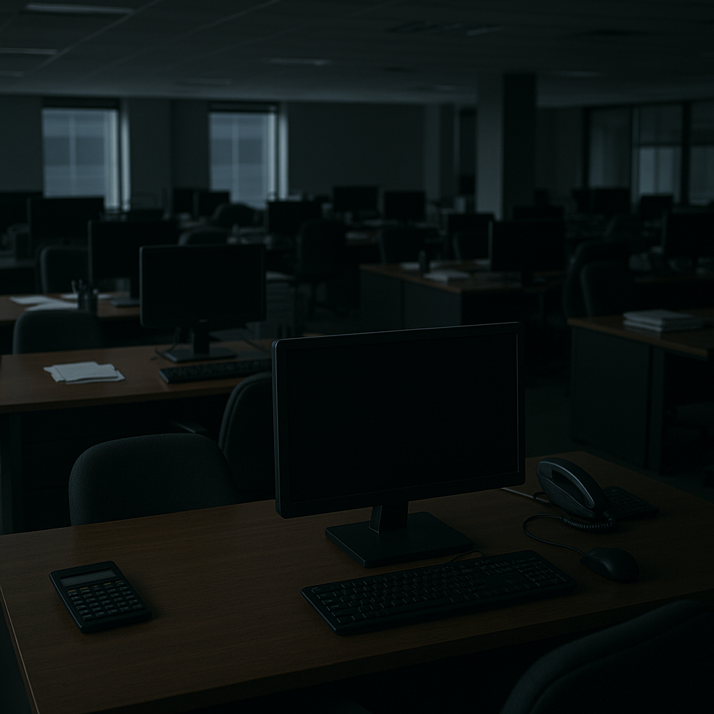A row of empty desks and computers in a corporate office, symbolizing layoffs across a company
