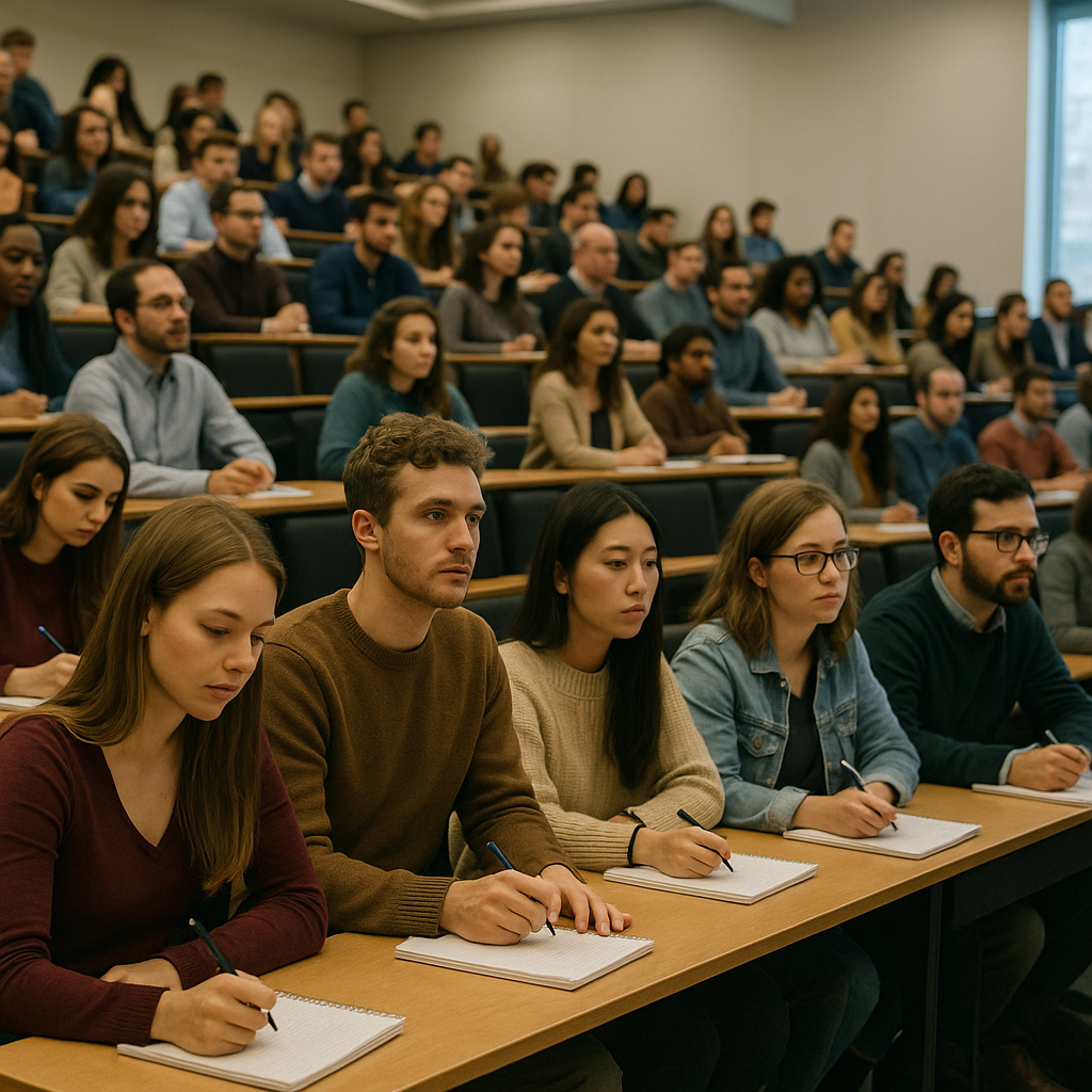 A college lecture hall full of young professionals taking notes