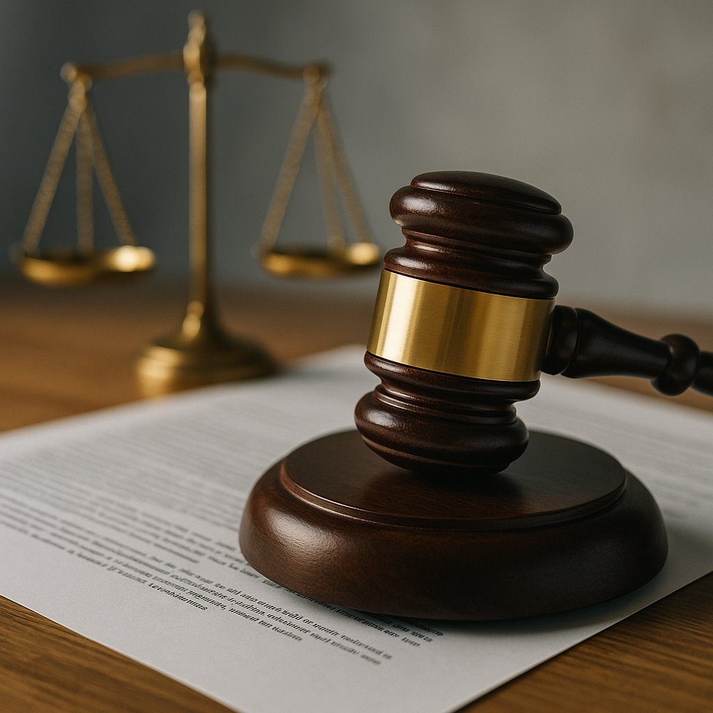 A gavel resting on a legal document with scales of justice in the background