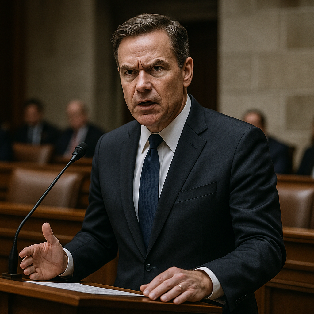 A politician speaking in a legislative chamber with a serious expression