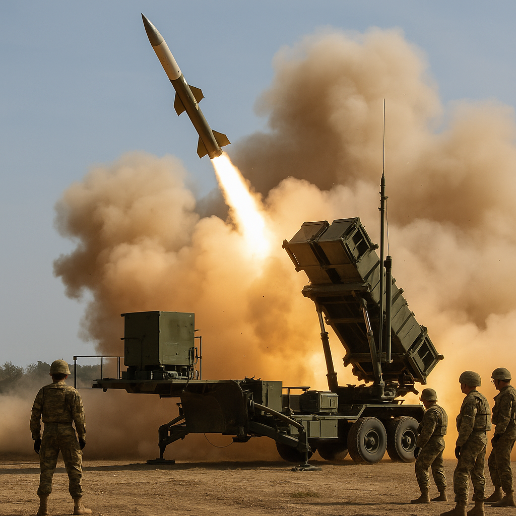 A Patriot missile launcher in action during a military drill