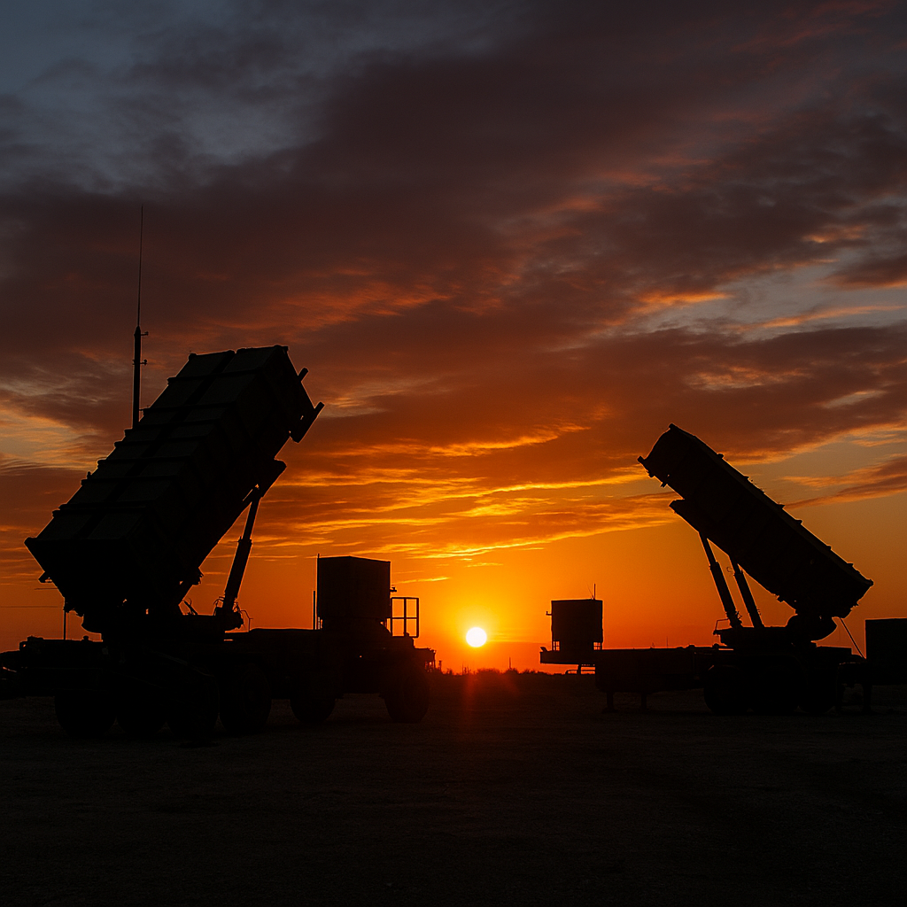 A military base with Patriot missile launchers in operation under evening skies