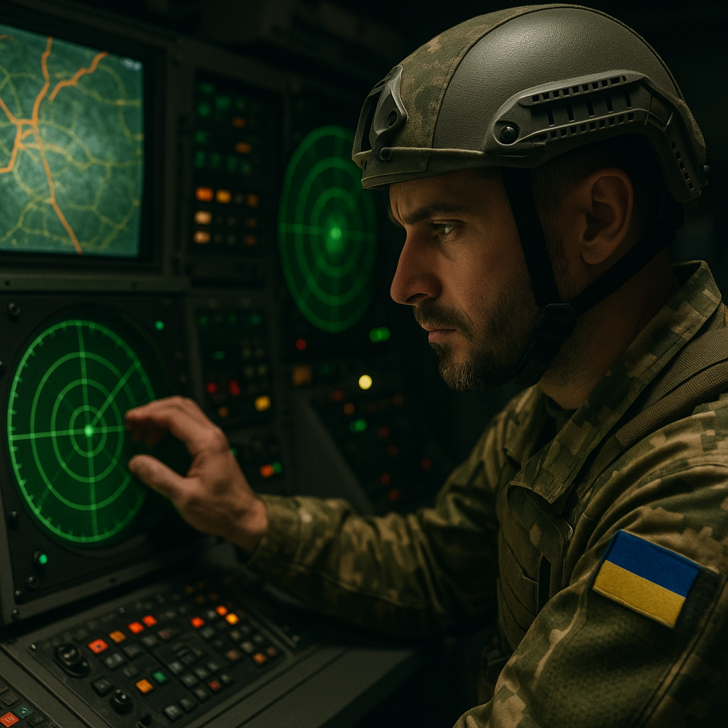 A Ukrainian soldier inspecting missile defenses in a control room