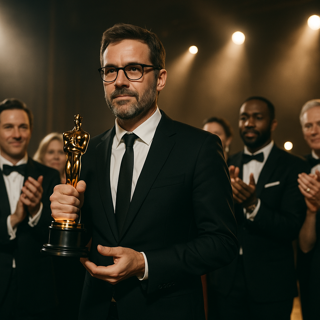 Paul Thomas Anderson holding his Oscar trophy on stage, surrounded by applause