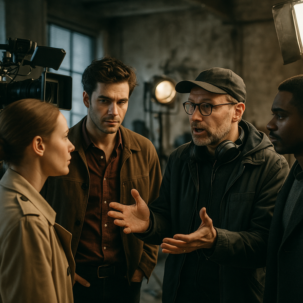 A behind-the-scenes glimpse of a meticulously constructed film set, with Paul Thomas Anderson giving direction to actors on-site