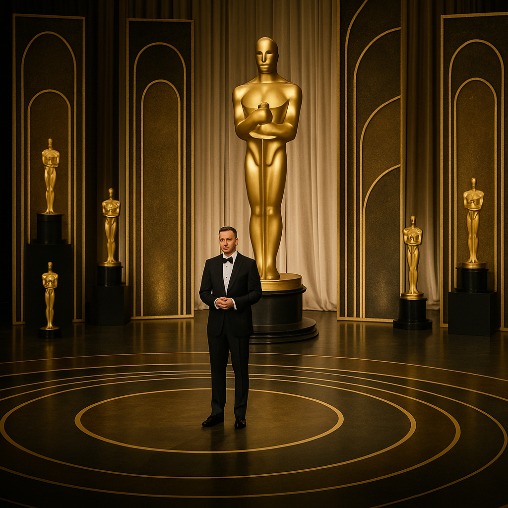 A wide-angle shot of the Dolby Theatre stage, adorned with Oscar statuettes and elaborate decorations