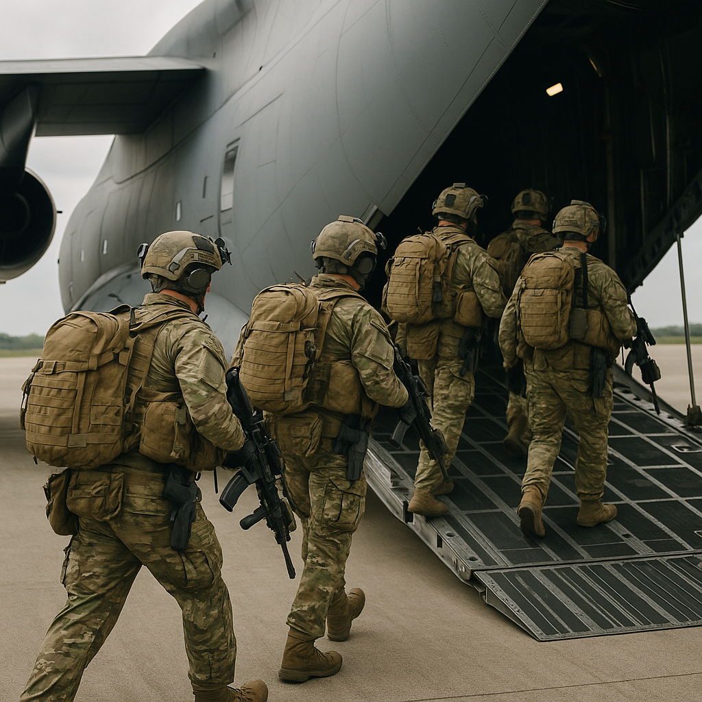 Troop deployment preparation, soldiers boarding military aircraft