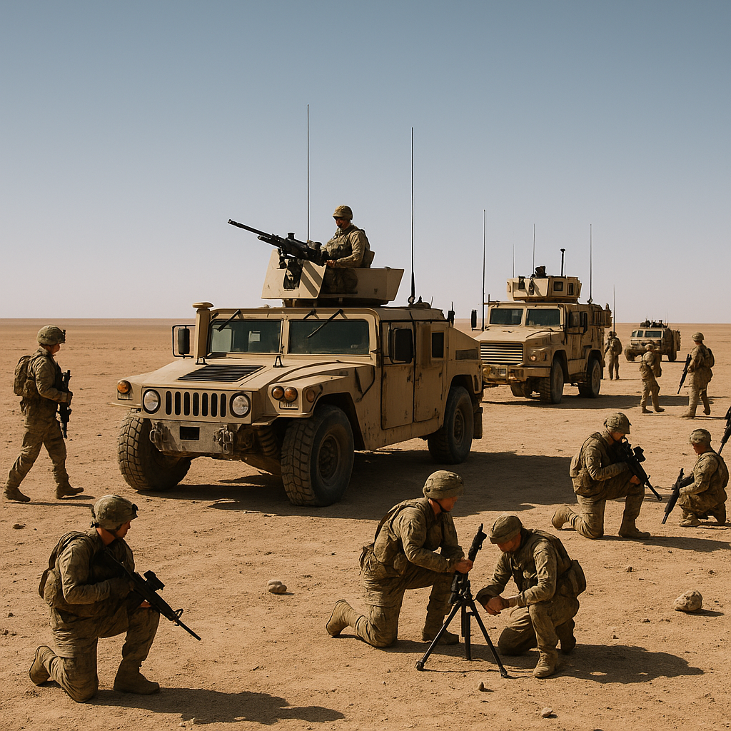 A view of military vehicles and personnel in desert terrain