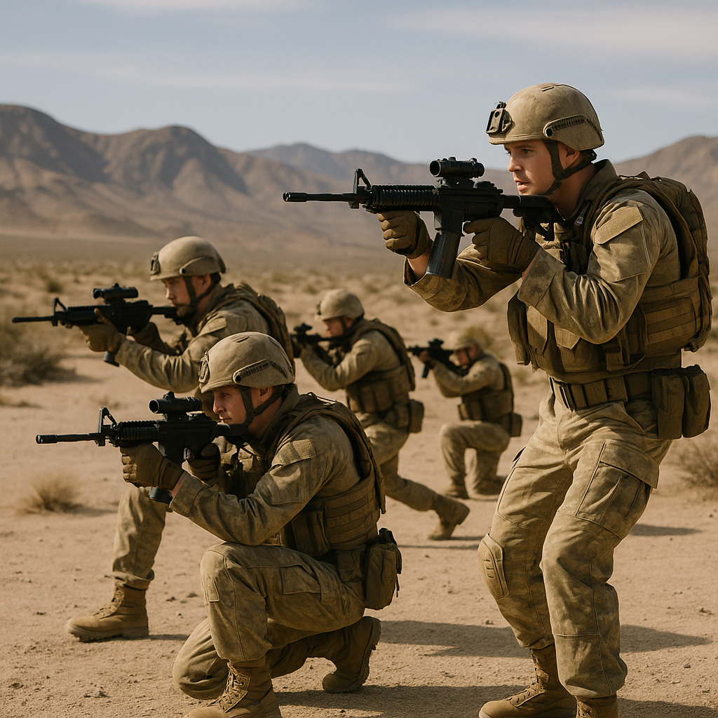 Soldiers performing training drills in desert conditions