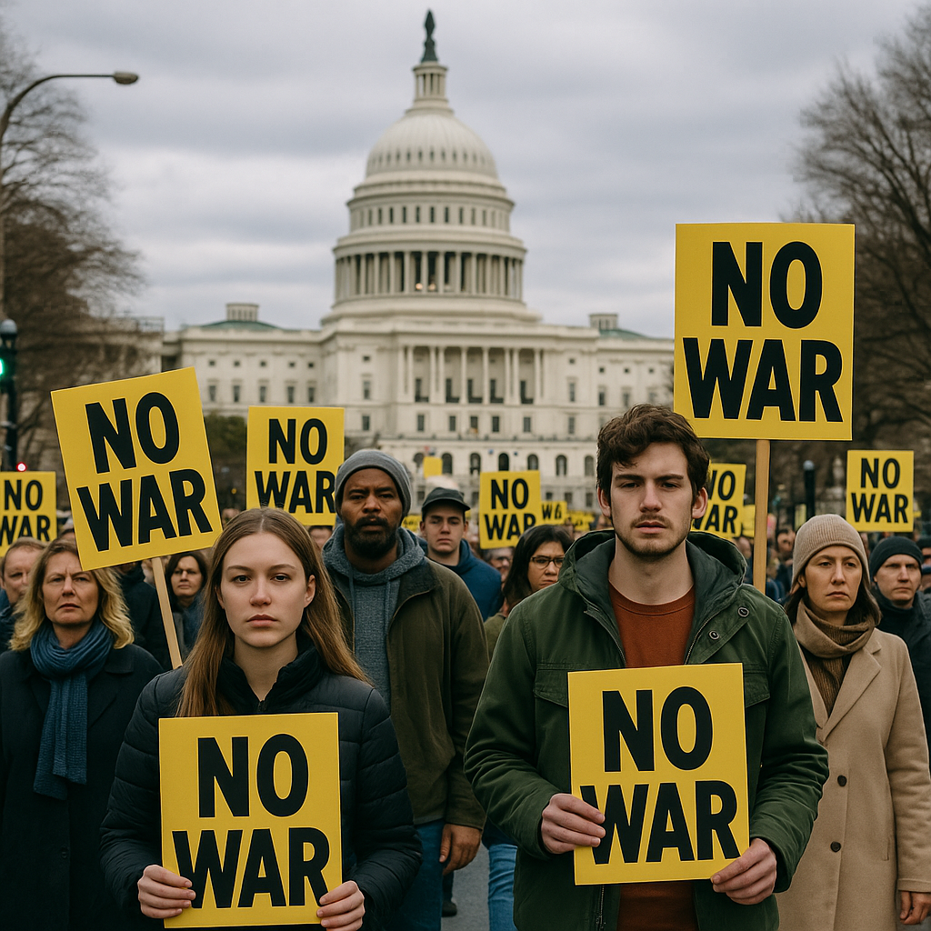 Protesters in front of Capitol Hill holding 'End War' and 'Cut Military Spending' signs during a peaceful rally