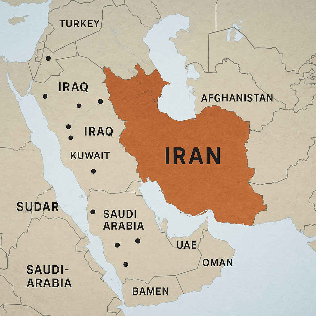 A map of the Middle East, highlighting strategic positions near Iran