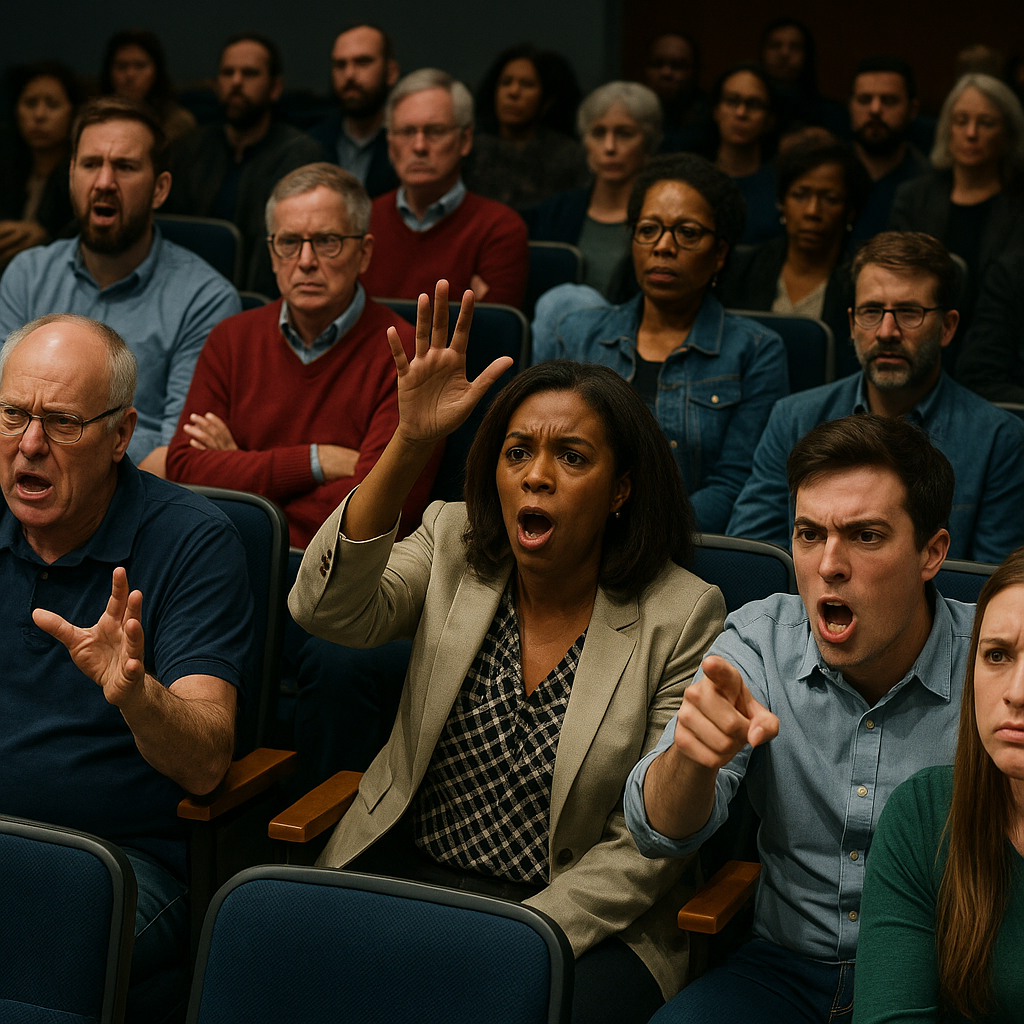 A political debate with audience members passionately gesturing, showing varied reactions