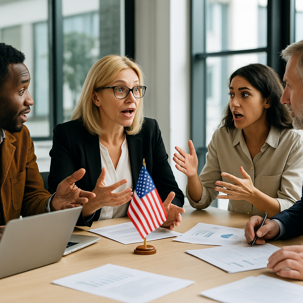A diverse group of people discussing politics around a table with laptops and papers