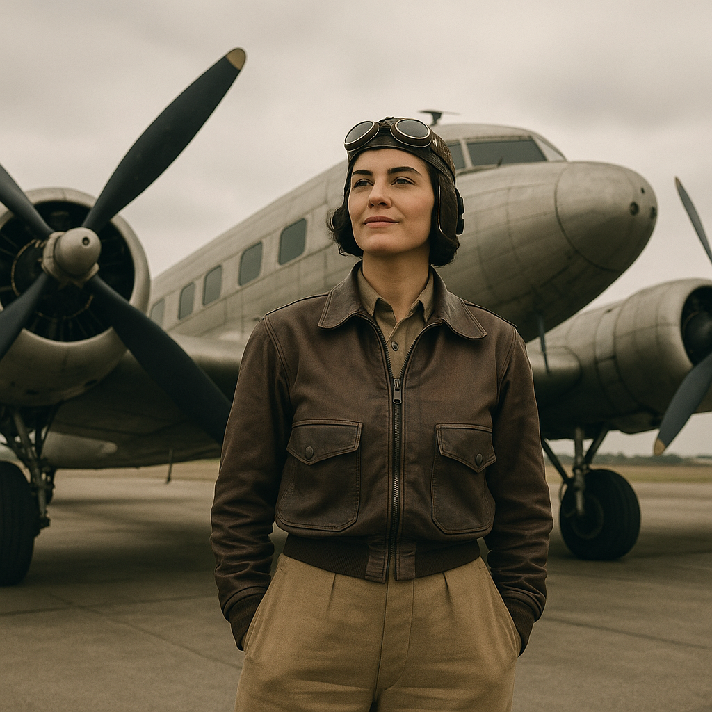 A historical photo of Amelia Earhart standing in front of her airplane