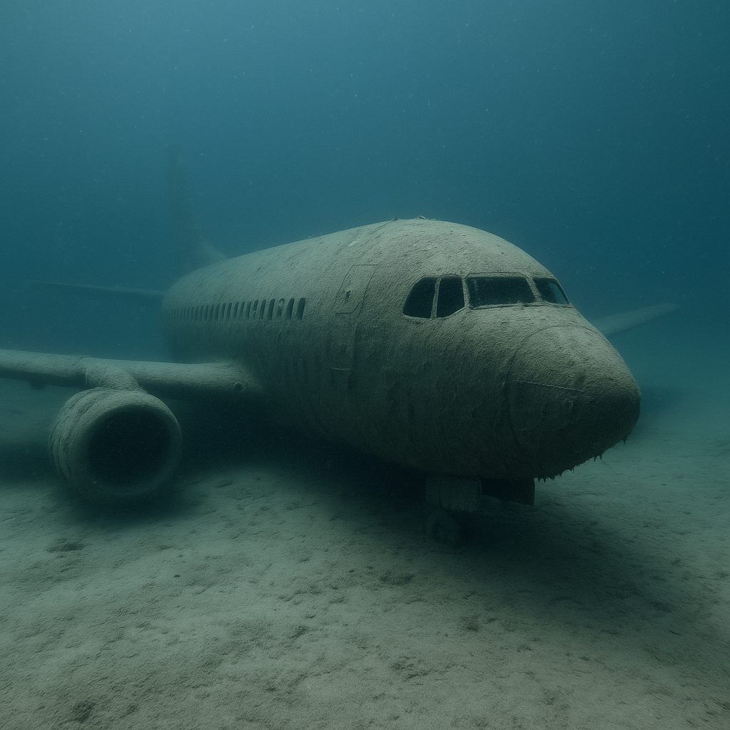Artificial simulation of an underwater wreck illustrating buried airplane components