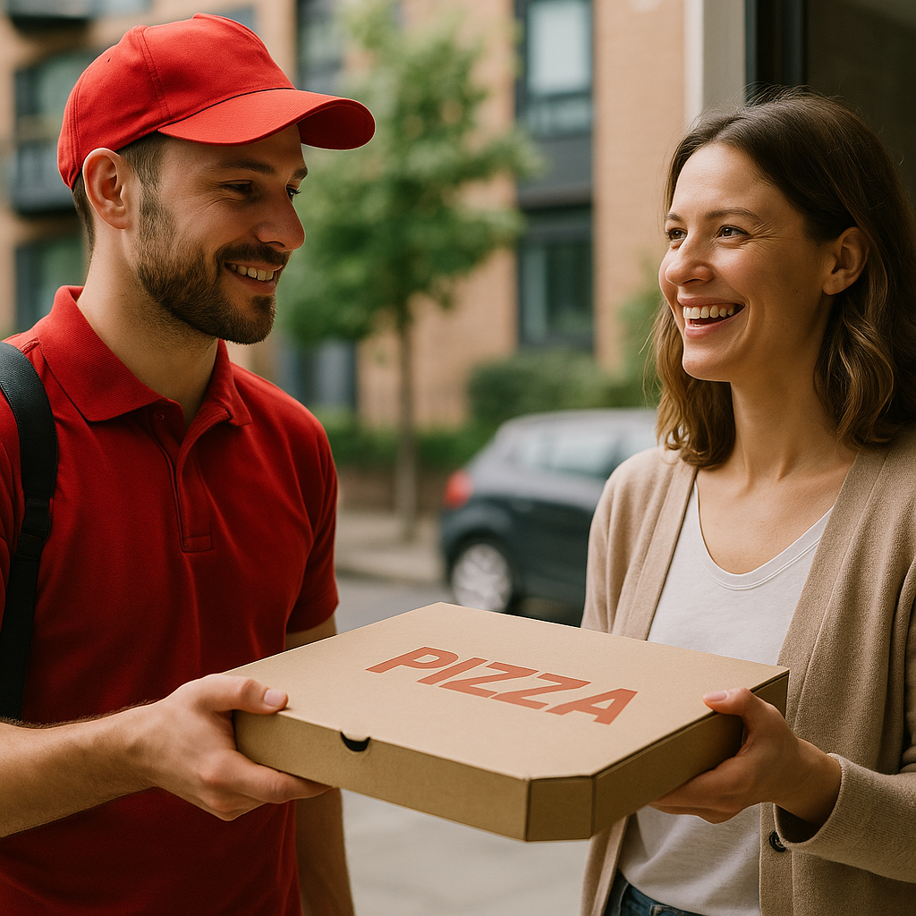 A delivery driver handing over a pizza box to a customer at a doorstep