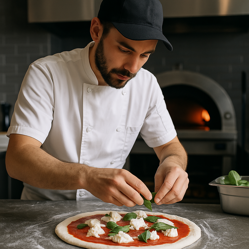 A pizza chef demonstrating the process of crafting a premium pizza using high-quality ingredients