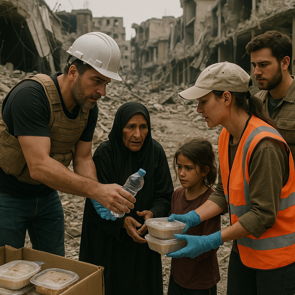 A war-torn city with destroyed buildings and humanitarian aid workers helping civilians