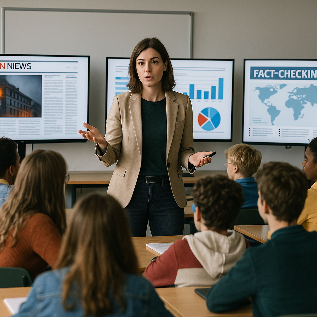 A teacher conducting a media literacy session in a classroom with students looking at screens