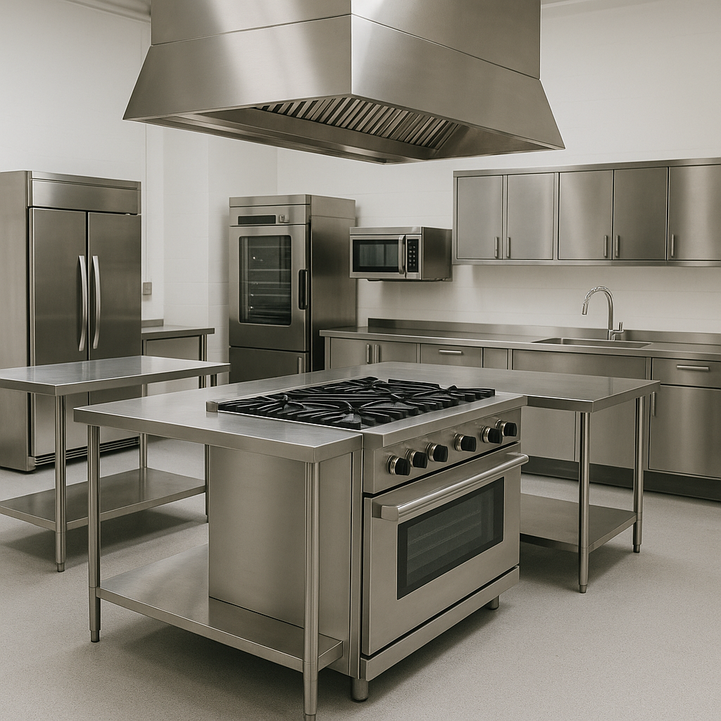 A sleek, modern professional kitchen setup with stainless steel appliances and multiple workspaces