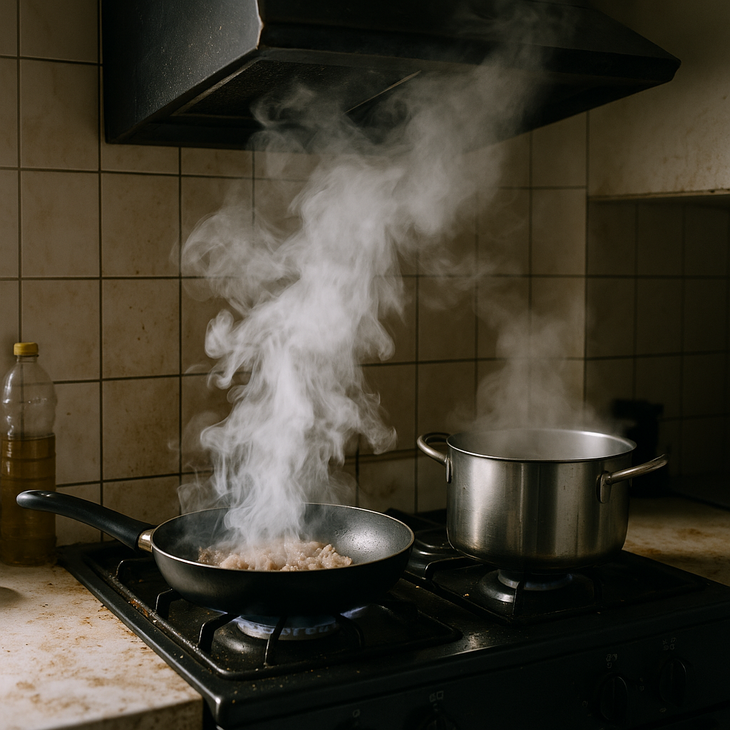 Smoke and steam escaping from a stovetop with visibly poor ventilation, highlighting air quality concerns