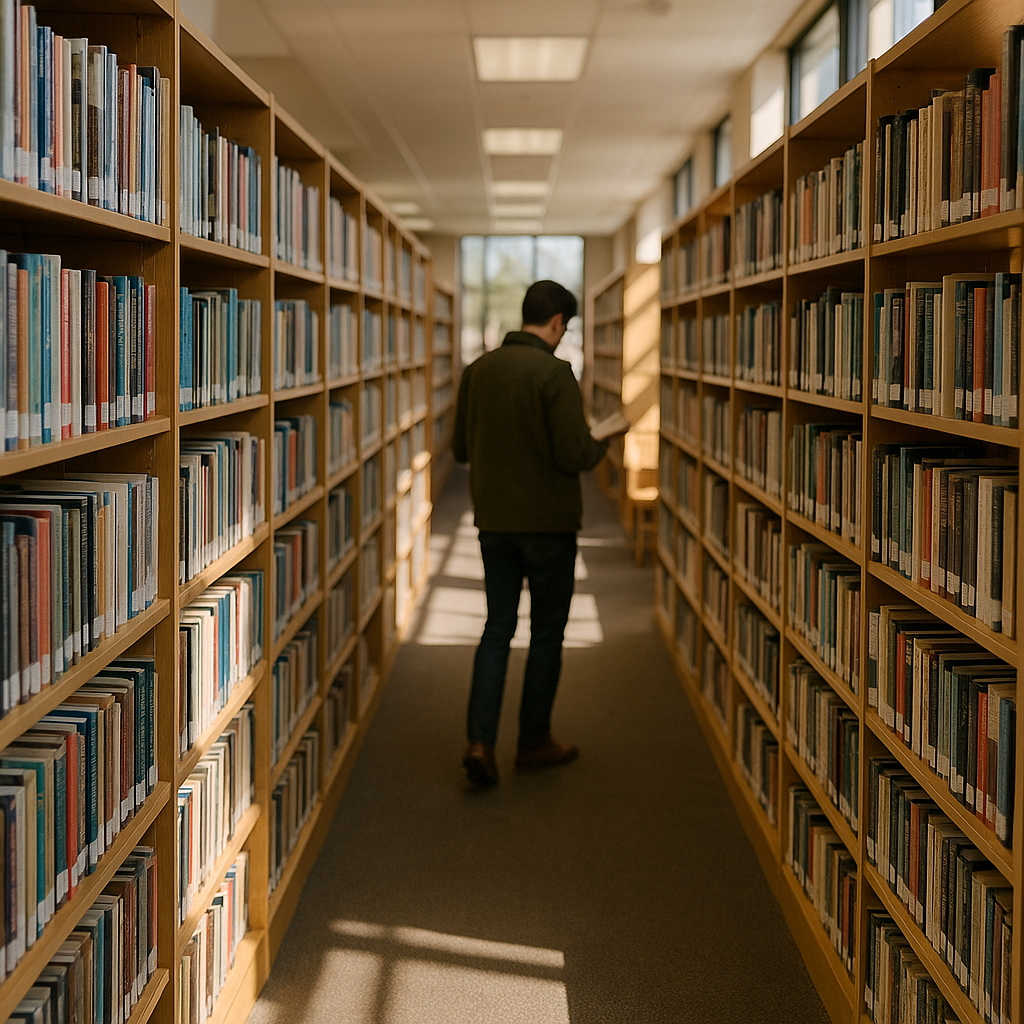 Shelves of books with a person browsing at a public library
