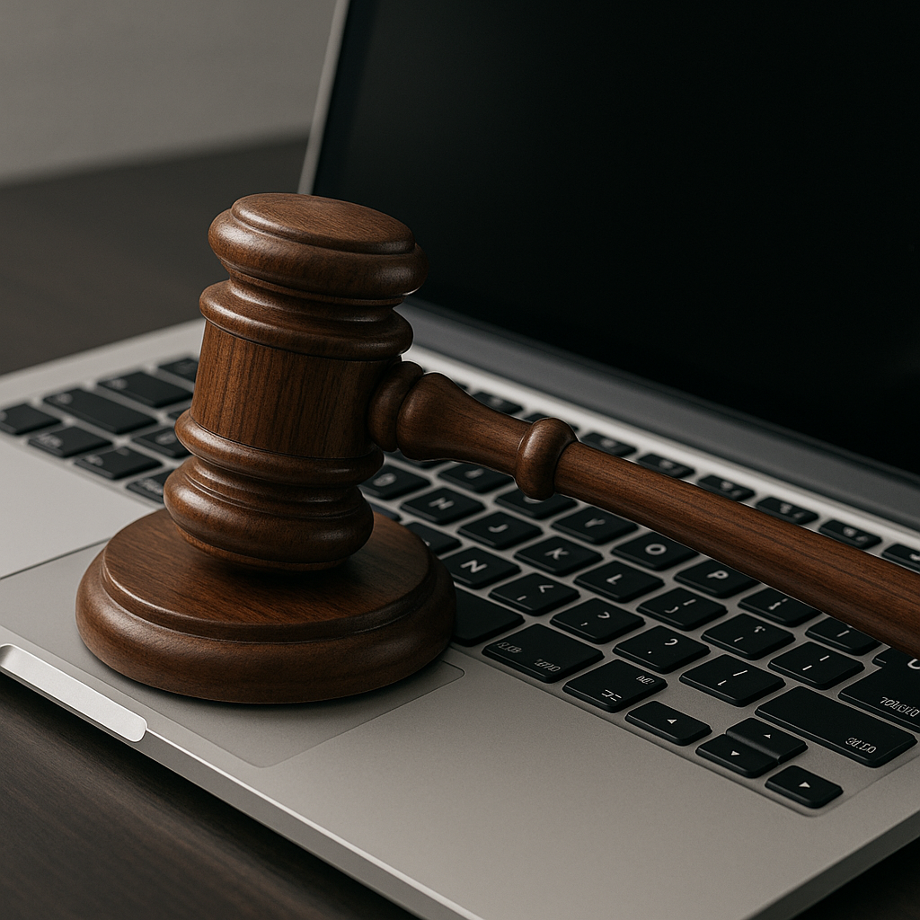Symbolic representation of a gavel on a laptop keyboard to depict legal rulings in the digital sphere