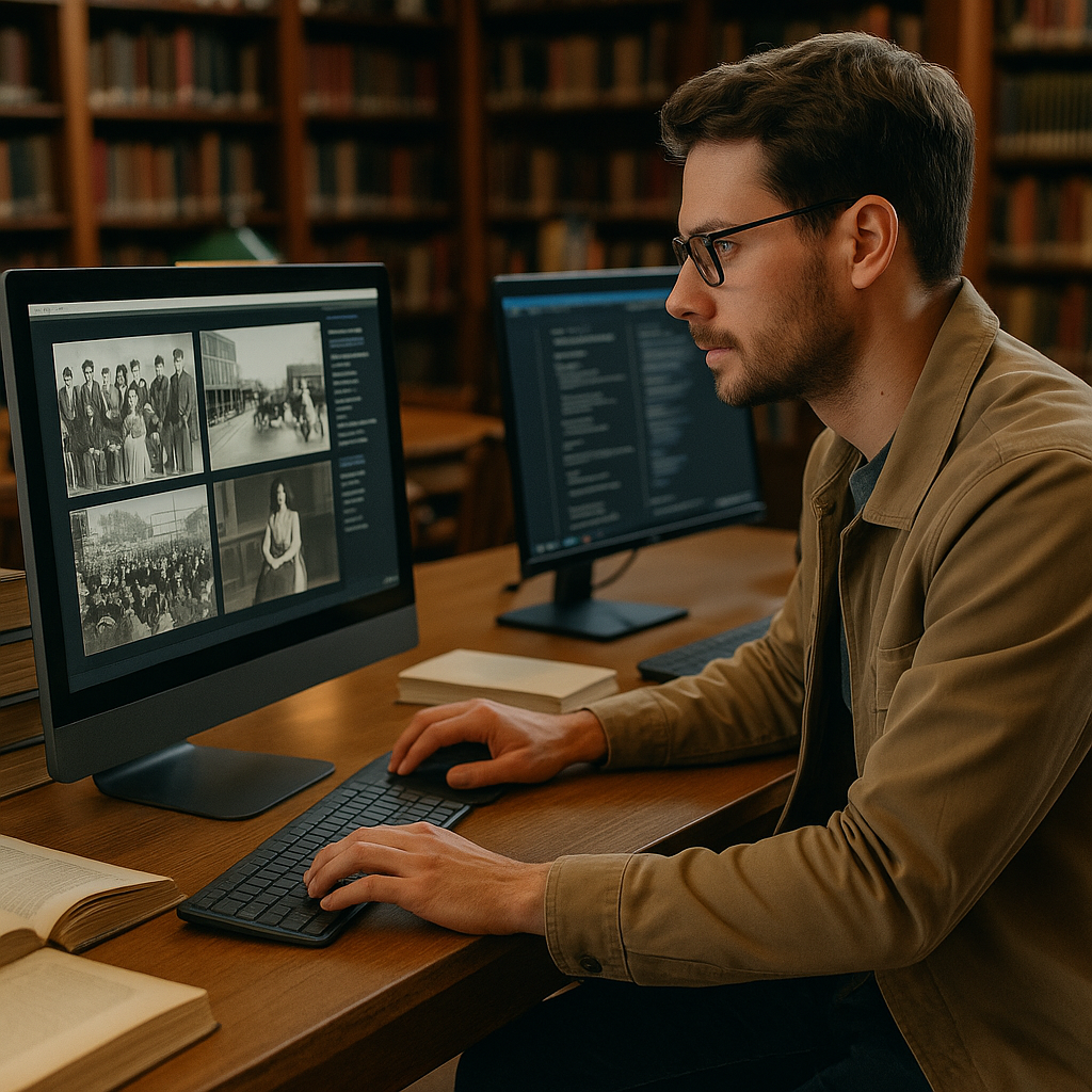 A researcher reviewing digital archives on a desktop in a library setting