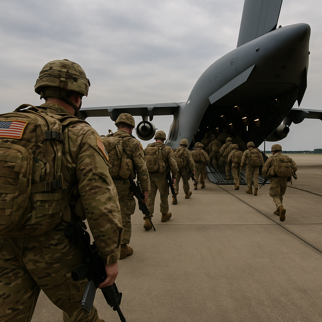 U.S. military troops boarding an aircraft on a tarmac