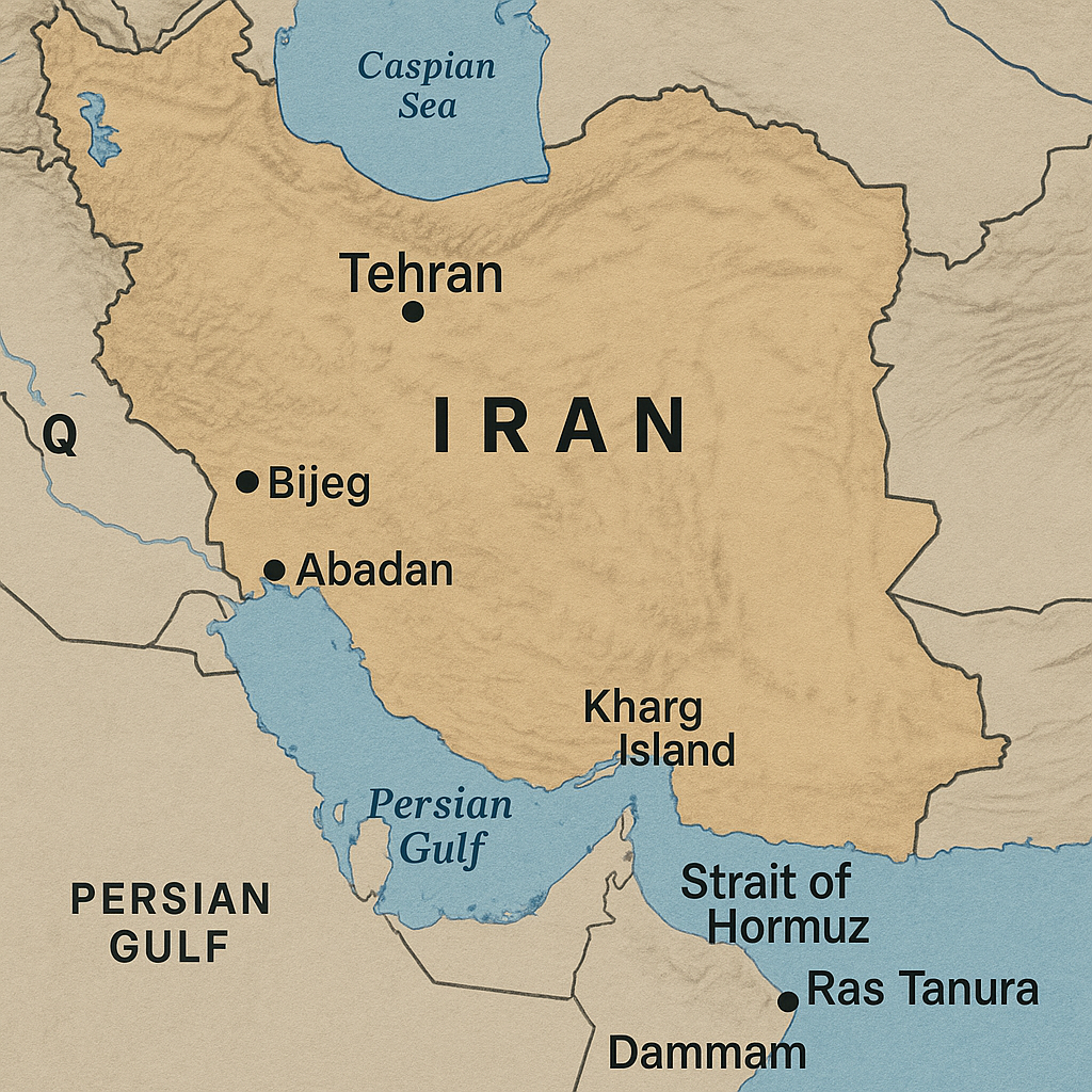 A map of the Middle East highlighting strategic locations such as the Strait of Hormuz and Kharg Island