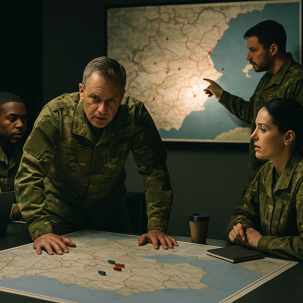 A military strategist briefing a map of the Persian Gulf region to a team of officers