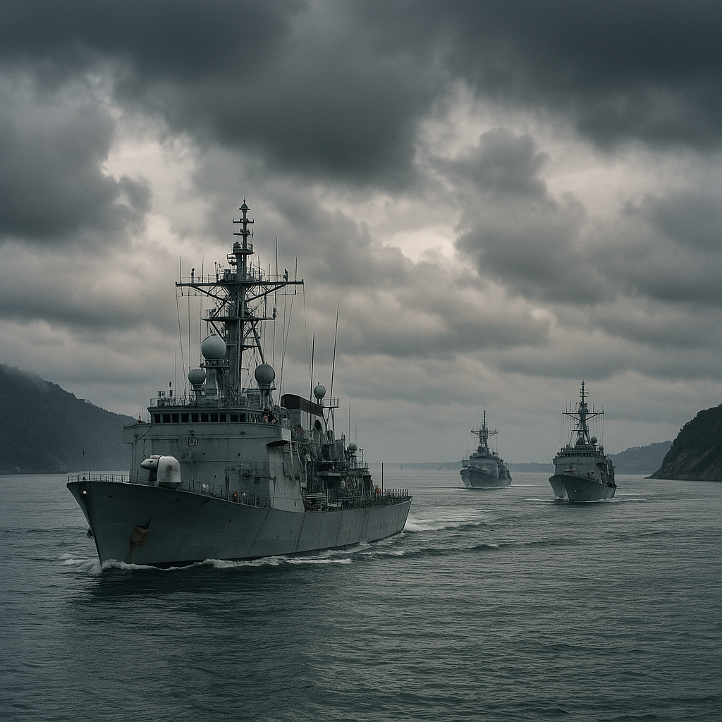 Naval vessels patrolling a narrow waterway under cloudy skies