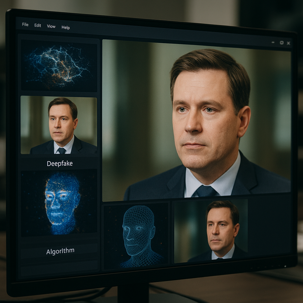 A computer screen showing AI software creating a realistic deepfake video