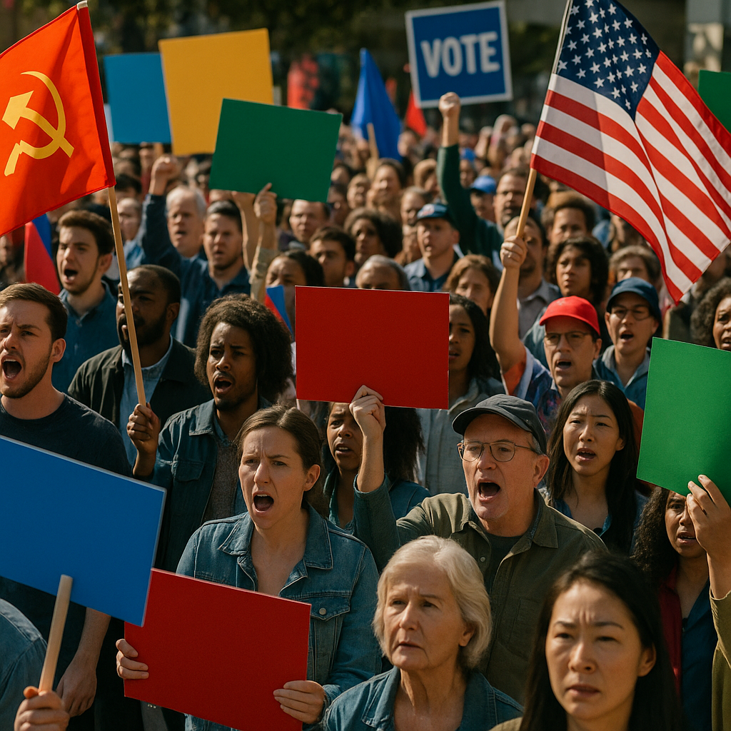 A campaign rally with voters gathered and banners representing different political parties