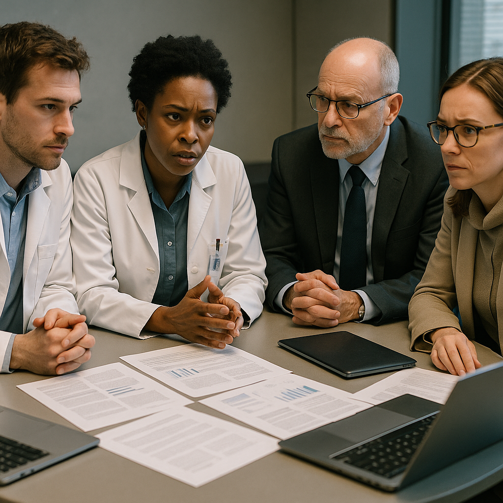 A panel of scientists sitting at a round table with research documents in front of them