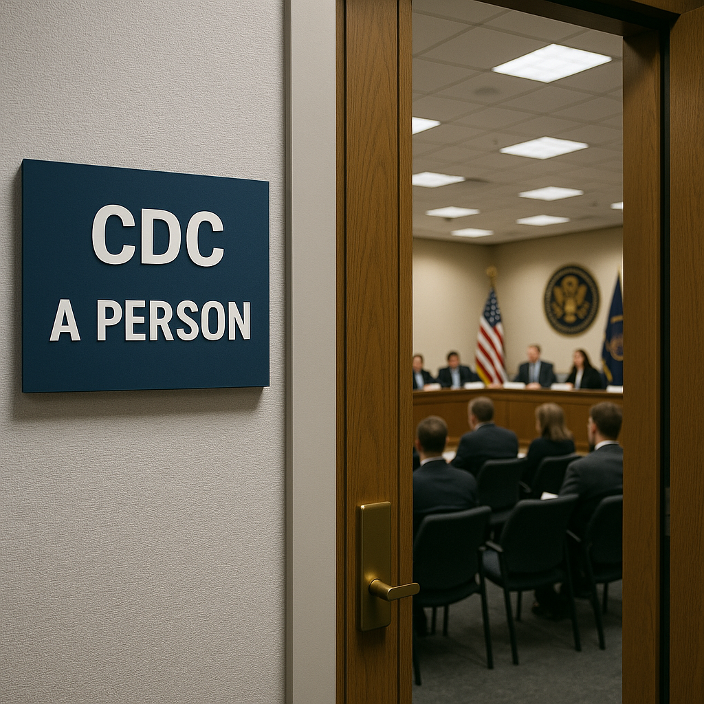 A closed-door meeting room with the sign 'CDC Advisory Committee' outside the door