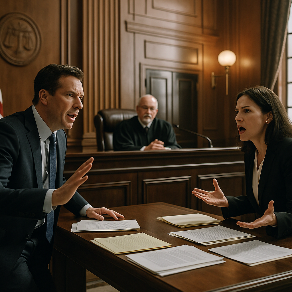 A courtroom with lawyers presenting a case to judges