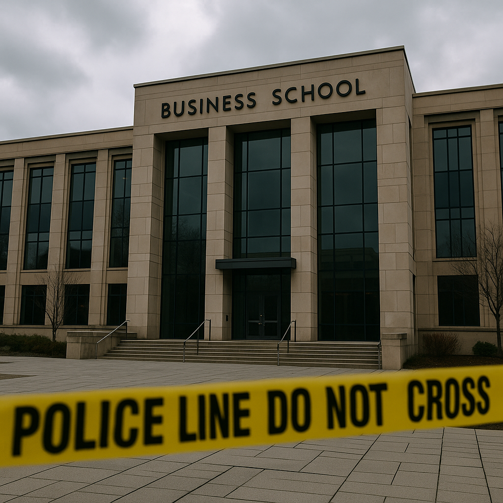 Scene showing students outside Old Dominion University's business school building, with police tape in the background