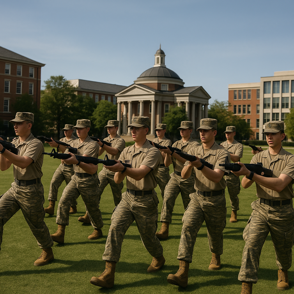 Students participating in an ROTC training drill on a wide campus field, demonstrating leadership and teamwork