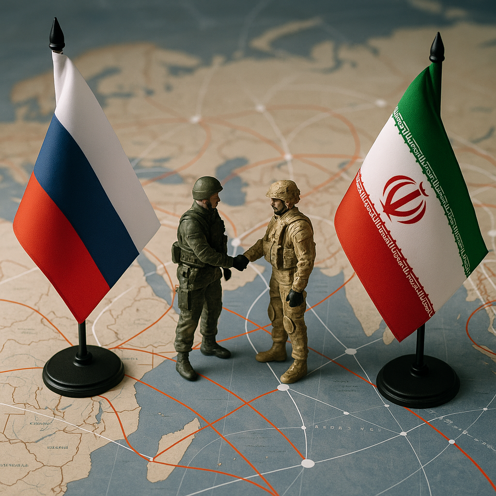A symbolic depiction of Russian and Iranian military collaboration, such as a map of arms trade routes or strategic agreements being signed